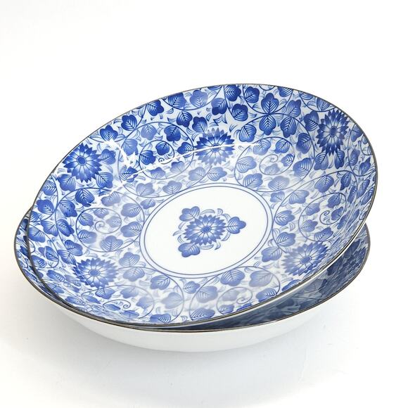 Cheng's Salad Pasta Bowl 9.5" Blue Floral Chrysanthemum Chinoiserie Japan Vtg - Picture 1 of 5